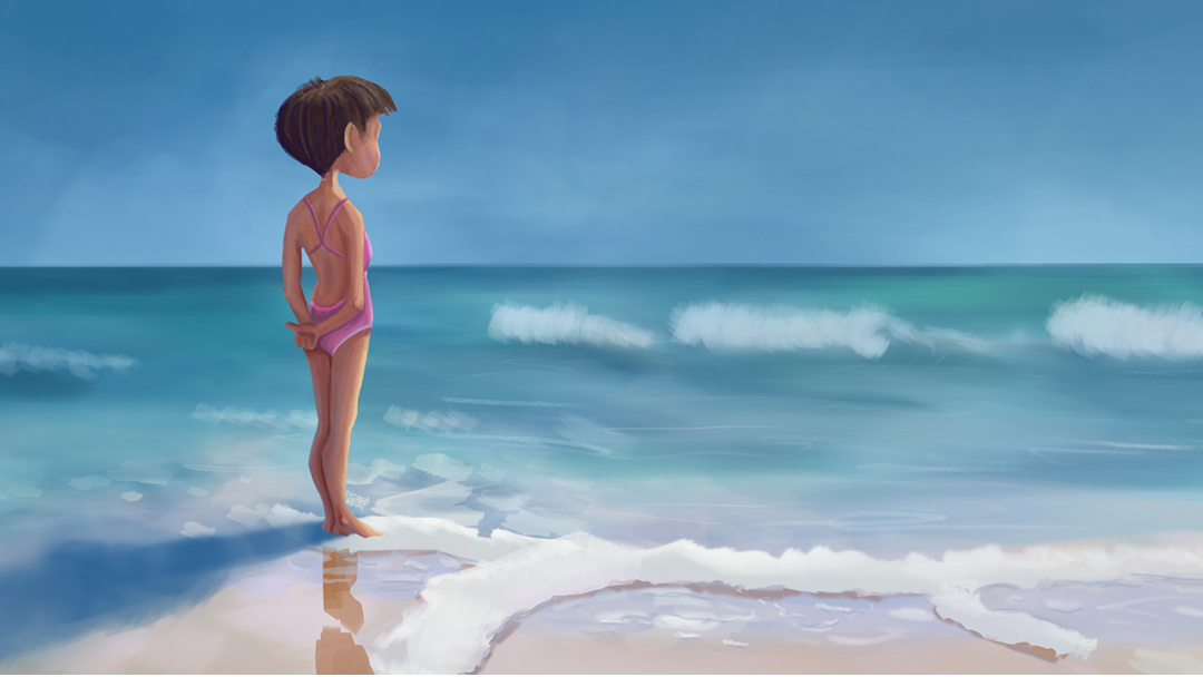 Illustration: Frau steht am Meer und Blickt in die Ferne