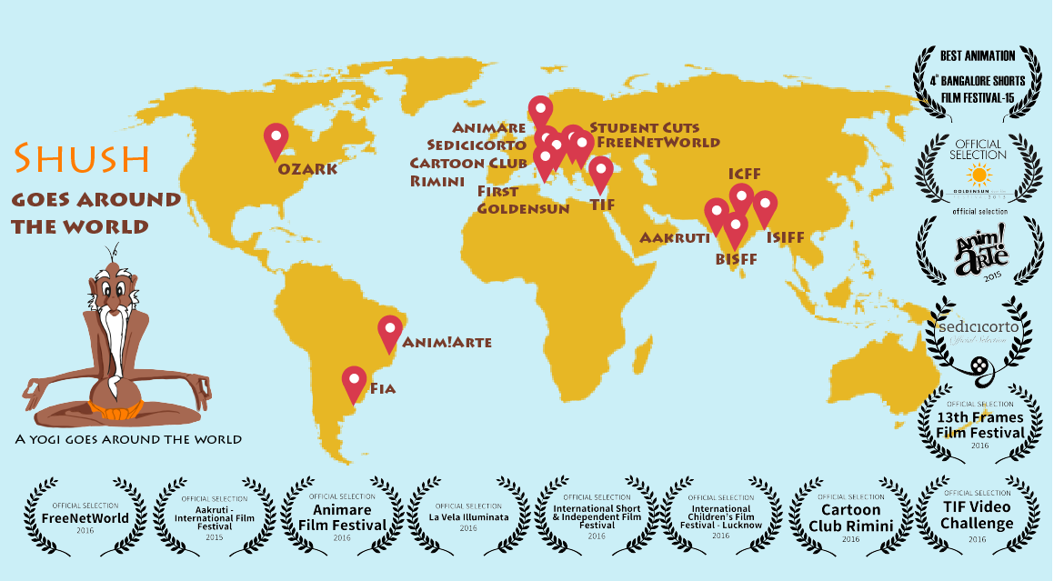 Weltkarte mit den Orten an denen der Animationsfilm Sush ausgezeichnet wurde